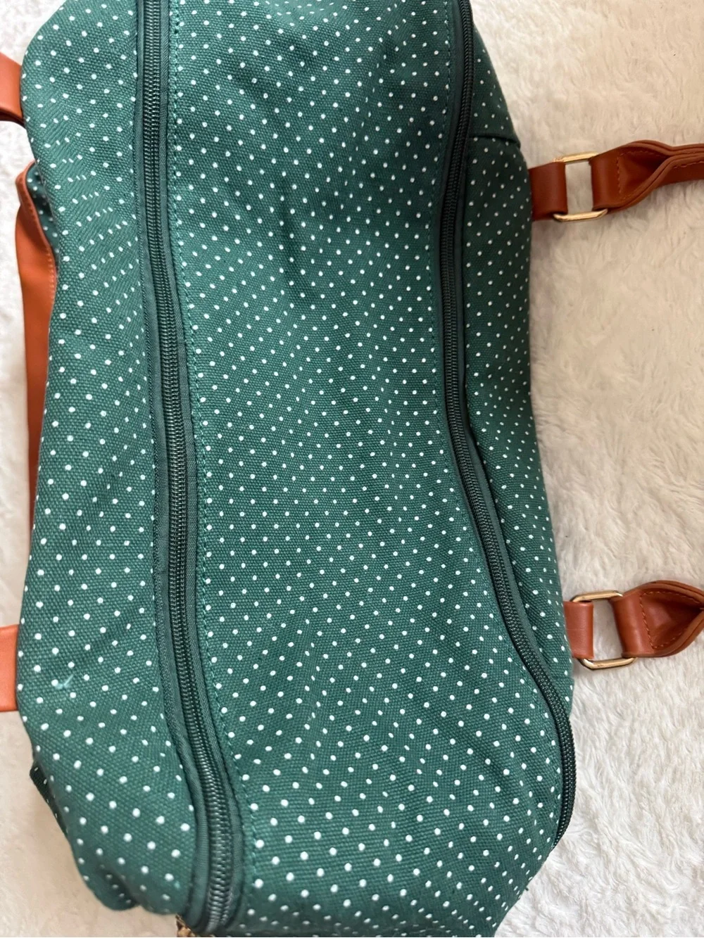 Canvas Polka Dot Travel Duffle Bag - Green with Tan Trim
